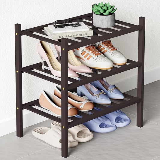 Smiry Bamboo Shoe Rack for Closet, 3 Tier Small Wooden Stackable Shoe Organizer, Free Standing Shoes Storage Shelf for Entryway, Front Door Entrance, Brown