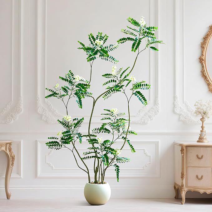 Artificial Locust Tree, 6FT Tall Artificial Plants Indoor with White Flowers & Pot, Large Floor Plant Faux Sophora Fake Flower Tree Silk Plants for Indoor Office Home Room Balcony Porch Decor