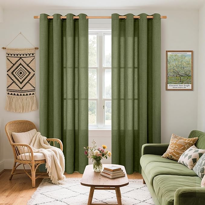 YoungsTex Dark Olive Green Linen Curtains for Living Room 84 Inch Length, Light Filtering Drapes with Bronze Grommet Natural Window Treatments for Dining Bedroom, 2 Panels, 52 X 84 Inch