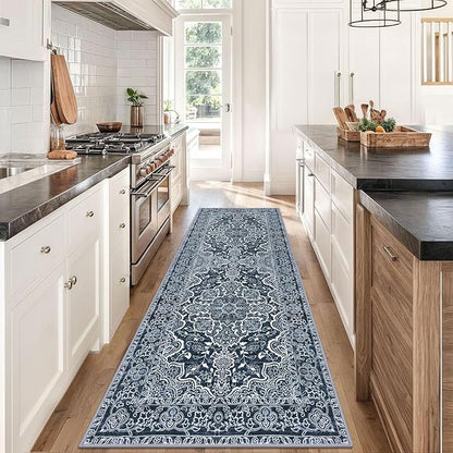 KUTA Washable Kitchen Runner 3x8, Non Skid Washable 8 ft Navy Blue Runners, Printed Vintage Distressed Floral Area Rugs Ultra Soft Carpet for Bedroom Living Room