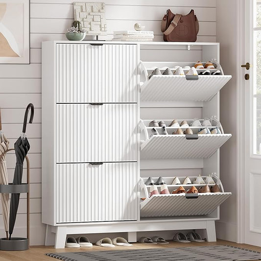 Shoe Cabinet Storage for Entryway with 6 Flip Drawers, Fluted Narrow Shoe Organizer with Wooden Legs, Freestanding Slim Shoe Storage Hidden Shoe Rack Organizer for Front Door Entrance, White