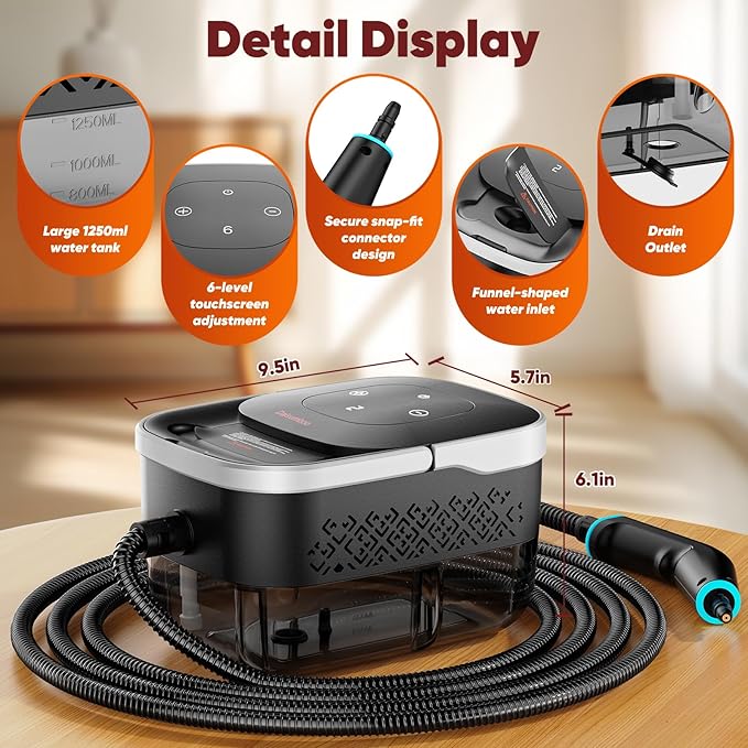 Steam Cleaner, 2500W Pressurized Heavy Duty Handheld Steamer with 1.32QT Tank & 10 Attachments – for Kitchen, Bathroom, Car, Floors, Tile, Furniture, Couch, Windows (Black/White)
