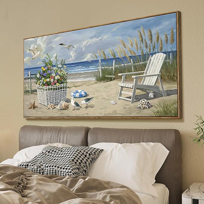 ARTZON Coastal Canvas Wall Art – Framed Sea Scene Oversized Print Artwork Beach Chair Sand Blue Ocean Landscape Picture for Living Room, Office Decor, 58x29 Inch