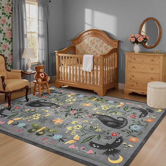GarveeHome 3x5 Cat Washable Area Rug for Entryway, Mushroom Floral Grey Bedroom Rug Non Slip Low Pile Butterfly Carpet Stain Resistant Throw Rug for Kitchen Dorm Kids Room Office Dining Room