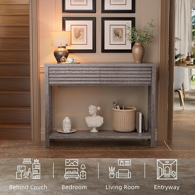 BREEZEHEAT 40" Fluted Console Table with 2 Drawers, Modern Wood 2 Tier Entryway Table with Storage Shelf, Narrow Sofa Table Behind Couch Accent Table for Entrance Foyer, Hallway, Living Room, Gray