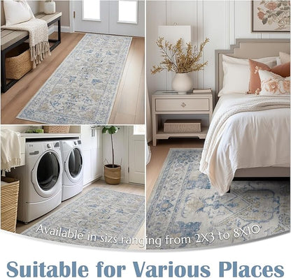 jinchan 3x5 Machine Washable Area Rugs for Entryway - Distressed Vintage Floral Ultra-Thin Low-Pile Soft Non-Shedding Indoor Floor Carpet for Kitchen Bedroom Entrance Laundry Living Room(3x5ft,Blue)