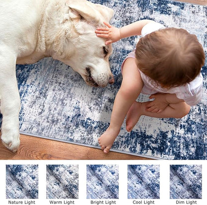 Modern Abstract Runner Rug for Bedroom 2x7, Grey Navy Blue Multi Washable Kitchen Runner, Non-Slip Soft Thin Faux Wool Mat for Entryway, Hallway, Laundry Room Indoor
