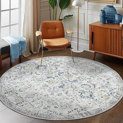 jinchan Round Rug 6ft Area Rug Washable Vintage Indoor Retro Accent Floor Cover Distressed Floral 6' Round Circle Boho Non Slip Thin Carpet for Living Room Dining Room Bedroom Kitchen Blue