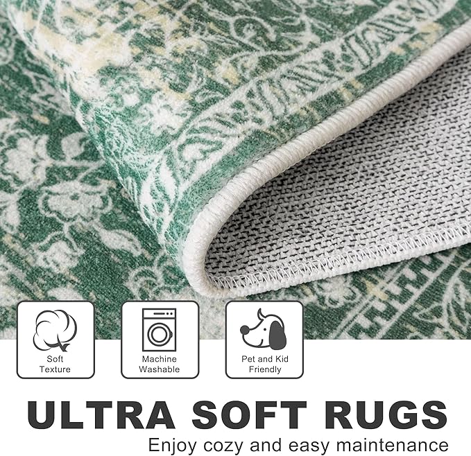 KILOCOCO Hallway Runner 2x8 Rug Runner Printed Vintage Floral Washable Kitchen Runners Non-Slip Rubber Backed Runners for Hallways Laundry Room Distressed Boho Rugs for Entryway Bedroom, Green