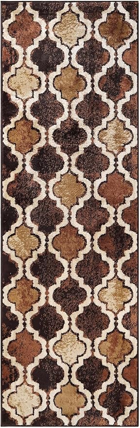 Superior Indoor Runner Rug, Jute Backing, Modern Plush Rugs for Hallway, Living, Dining Room, Office, Kitchen, Geometric Trellis Floor Decor, Viking Collection, 2' 7" x 10', Coffee