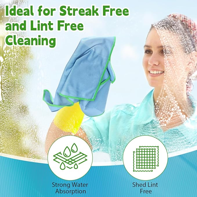Maxcheck 24 Pack Magic Cleaning Cloth, 16 x 16 Inch Microfiber Glass Cleaning Cloths Reusable Lint Free Microfiber Towels for Kitchen Dish, Windows, Mirror, Glass, Car(Blue)
