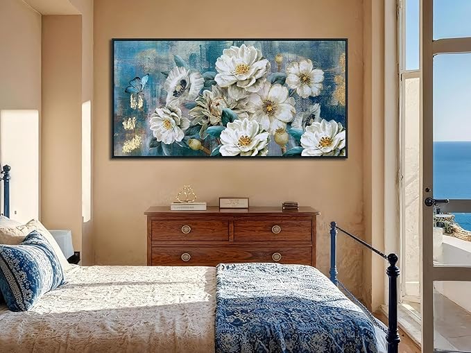 Arjun Large Black Framed Flower Canvas Wall Art for Living Room White Modern Painting for Bedroom Textured Gold Foil Turquoise Picture Floral Teal Artwork Bathroom Home Office Decor, 40"x20"