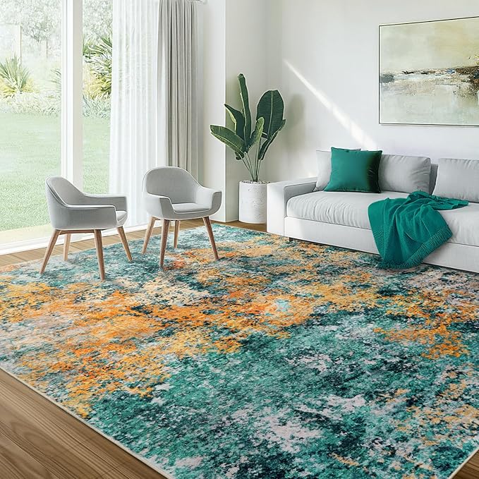 10x12 Area Rug for Living Room - Washable Abstract Rus Modern Neutral Soft Rug for Bedroom Dining Room No Slip Low Pile Carpet for Nursery Home Office - Teal/Orange