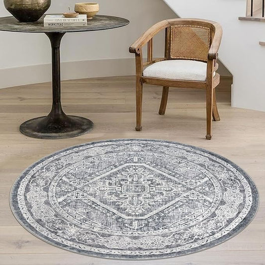 KUTA Oriental Round Rug 3ft, Grey Washable Boho Circle Indoor Area Rugs, Non-Slip Vintage Medallion Foyer Carpet for Entryway Farmhouse Kitchen Dining Room Table