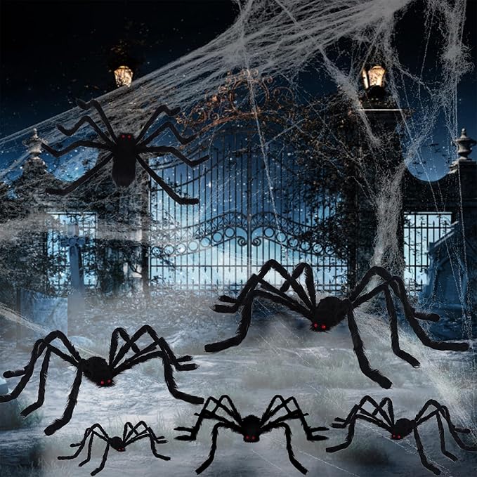 yosager Outdoor Halloween Decorations 6Pcs Realistic Giant Spiders, Huge Hairy Scary Halloween Spider Prop, Black Spooky Spider for House Window Yard Garden Patio Decor (12" 24" 24" 36" 36" 60")