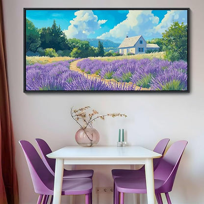 HKDGOKA Blue Landscape Framed Wall Art, Large Purple Lavender Rustic Cottage Spring Scenery Paintings Artwork for Living Room Bedroom Office Kitchen Flowers Prints Pictures Home Decor 29x58 IN