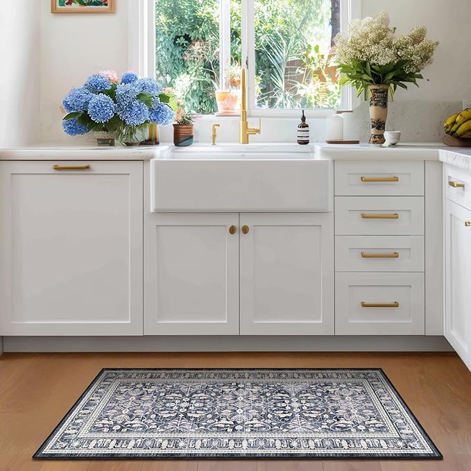 Dark Blue 2x4 Entryway Rug, Transitional Floral Trellis Door Mat Indoor Entrance Entry Way, Washable Non Slip Low Pile Thin Small Runner Rug for Kitchen Floor Sink Area Bathroom Bedside