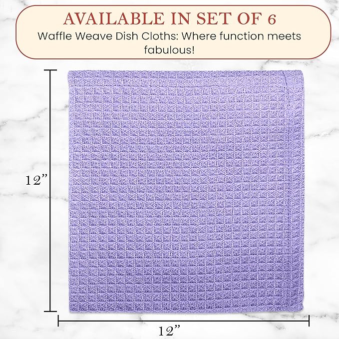 Vintage Vista 100% Cotton Waffle Dish Cloths (Pack of 6) - Dish Rags for Washing Dishes - Reusable & Highly Absorbent Kitchen Towels - Kitchen Rags for Christmas - (12" x 12" - Purple)