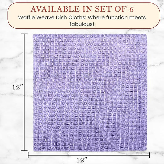 Vintage Vista 100% Cotton Waffle Dish Cloths (Pack of 6) - Dish Rags for Washing Dishes - Reusable & Highly Absorbent Kitchen Towels - Kitchen Rags for Christmas - (12" x 12" - Purple)