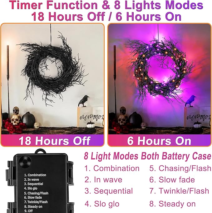 6 FT Halloween Black Garland Willow Vine Twig Decor with Orange & Purple Light, 8 Modes & Timer Battery Operated Waterproof Halloween Decorations Indoor for Mantle Fireplace Home Party Decor