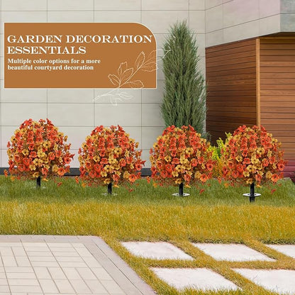 23" Set of 2 Orange Artificial Boxwood Topiary Flowers Ball with Spikes for Outdoor Fall Decorations, Faux Greenery Shrubs,Fake Bushes Plants for Garden, Yard, Front Porch（Orange）