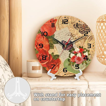 Vintage Rose and Butterfly Wall Clock, Contemporary Home Decor Easy to Read Wall Clock for Living Room, Bedroom, Bathroom and Kitchen, 10 Inch