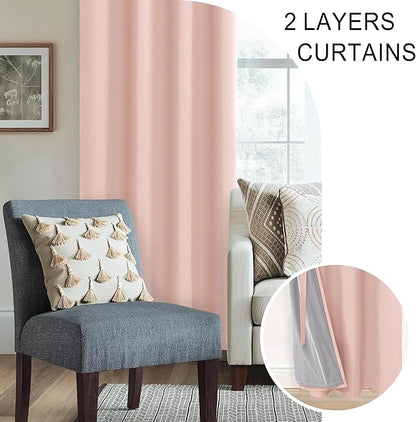 XWZO 100% Blackout Curtains 63 Inches Length with Tiebacks- Heat and Full Light Blocking Window Treatment with Black Liner for Bedroom/Nursery, Grommet Top, Blush Pink, W60 x L63, Set of 2