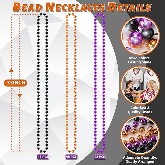 YAXINRUI 144 PCS Halloween Beads Necklaces, Purple Black Orange Party Beads 33'' Halloween Necklaces Party Stuff for Halloween Trick or Treat Decorations