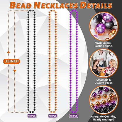 YAXINRUI 144 PCS Halloween Beads Necklaces, Purple Black Orange Party Beads 33'' Halloween Necklaces Party Stuff for Halloween Trick or Treat Decorations