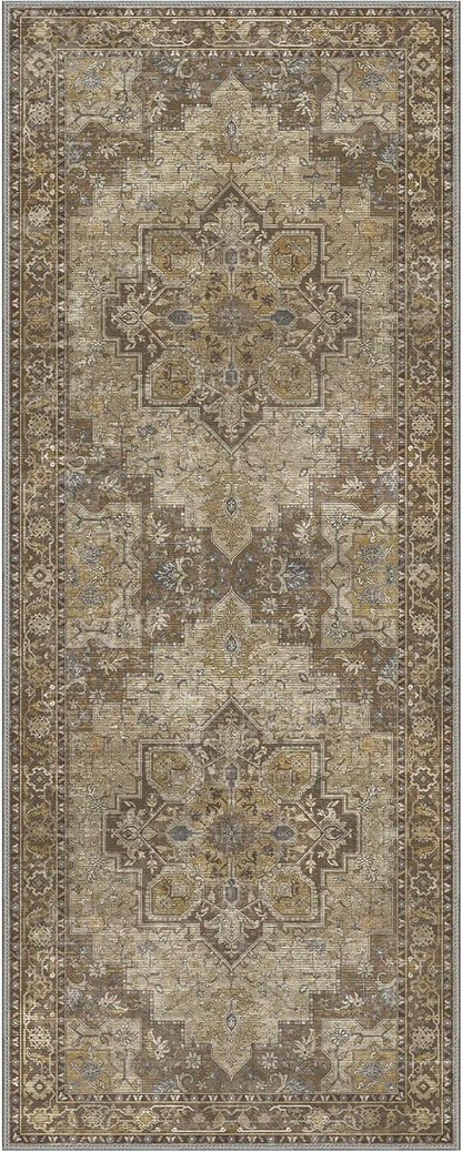 GENIMO 2'6''x10 Runner Rugs for Hallway, Machine Washable Non Slip Vintage Rugs, Low Pile Lightweight Soft Print Rug for enrtyway, Corridor, Home Office, Kitchen, Rustic Brown
