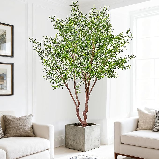 Fake Tree Faux Olive Tree Artificial Olive Trees 8 Feet Plus Branch Realistic Potted Silk Indoor Large Fruit for Home Offices, Living Rooms, Bedrooms, Stairs and Foyer Decor