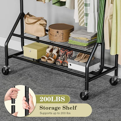 Clothes Rack with 2 Shelves, Heavy Duty Garment Rack Load 450 LBS, Standing Rolling Metal Hanging Clothes with Sturdy Wheels & Shelves