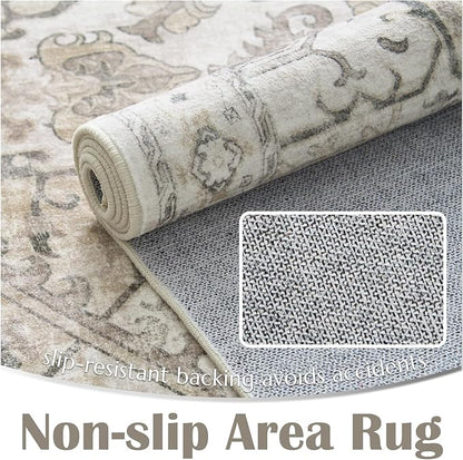 jinchan Hallway Runner Rug 2x8 Machine Washable - Vintage Floral Non-Slip Low-Pile Soft Ultra-Thin Faux Wool Kitchen Rug Distressed Carpet Runner for Farmhouse Bedroom Laundry Room (2x8ft,Taupe)