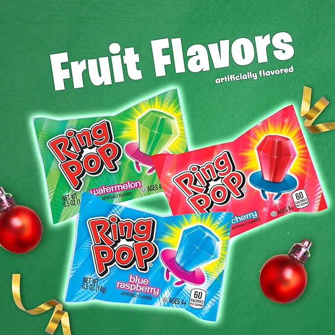 Ring Pop Candy, Christmas Lollipops, 20 Ct Party Favors in Assorted Fruity Flavors - Full Size, Bulk Variety Pack, Individually Wrapped Hard Candy For Stocking Stuffers, Holiday Gifts (Pack of 2)