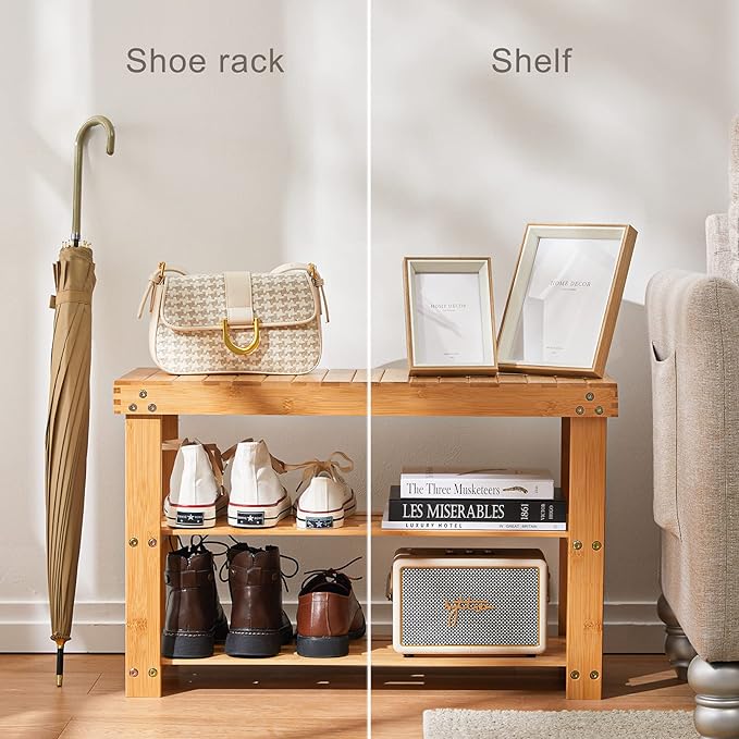 Pipishell 3 Tier Bamboo Shoe Rack Bench - Sturdy Organizer Holds up to 300lbs for Entryway, Bedroom, Living Room, Balcony