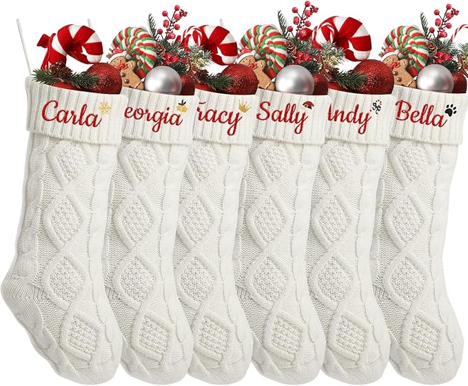 Personalized Christmas Stockings,Custom Embroidered Name+Logo Xmas Knitted Stockings 18'',Holiday and Family Stocking for Fireplace Christmas Holiday Party Decoration 1-6Pack（White）