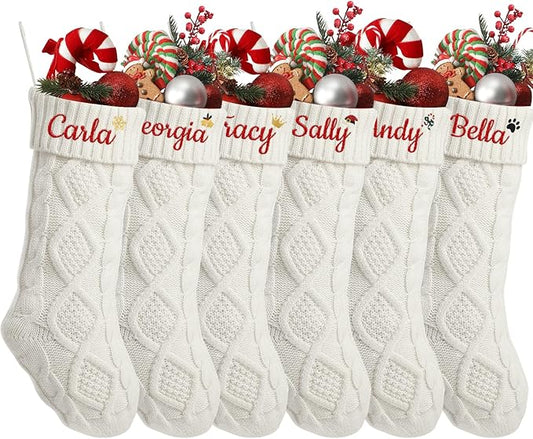 Personalized Christmas Stockings,Custom Embroidered Name+Logo Xmas Knitted Stockings 18'',Holiday and Family Stocking for Fireplace Christmas Holiday Party Decoration 1-6Pack（White）