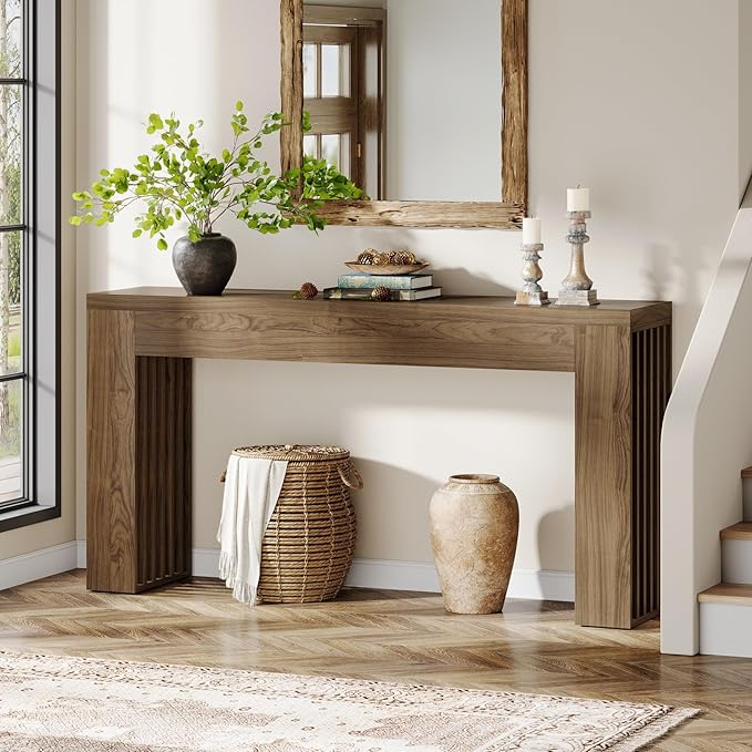 Tribesigns 59-Inch Long Wooden Console Sofa Table Behind The Couch with Vertical Slat Legs for Entrance, Hallway, Entryway, Living Room (Rustic Brown)