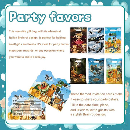126 PCS Italian Brainrot Party Favors Set – Temporary Tattoos, Slap Bracelets, Invitation Cards, Keychains, Gift Bags & Make a Face Stickers for Italian Brainrot Party Gift Giveaways, Holiday Rewards