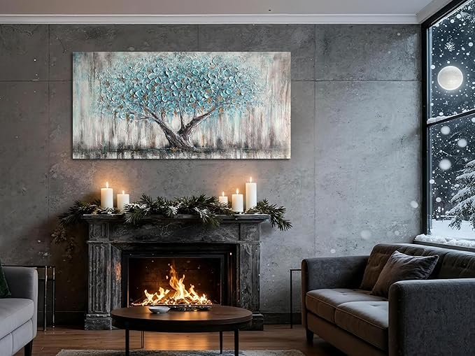 Arjun Tree Wall Art Canvas for Living Room Blue Tree of Life Nature Teal Abstract Textured Painting Picture Modern Panoramic Landscape Artwork Framed Bedroom Home Office Decor, Large Size 48"x24"