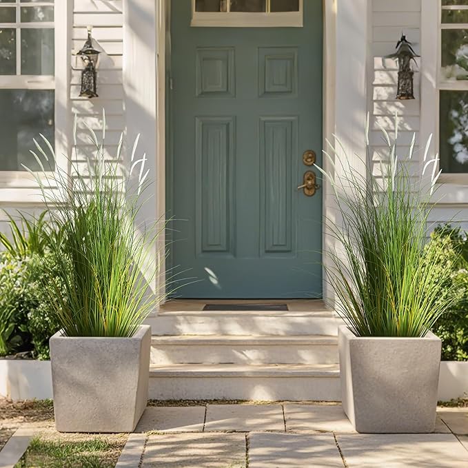 KOL 3ft 2-Pack Artificial Cattail Reed Grass, 35in Artificial Indoor Outdoor Fake Onion Grass Plant, Home Office Wedding Decorative Faux Potted Plant Greenery, Housewarming Gift, White