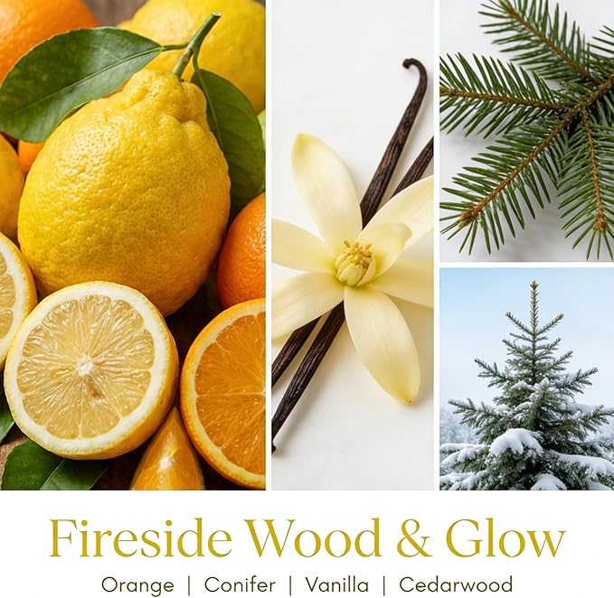 HomeLights Scented Candles | Large Jar 34 Oz Natural Soy Candle | 130 hrs Long-Lasting with 3 Wicks | Industrial Chic Home Decor | Gifts for Mom & Women, Fireside Wood & Glow