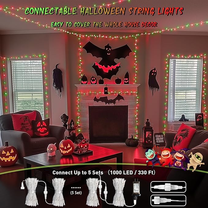 JMEXSUSS 200 LED Red and Green Halloween Lights Outdoor, 66ft Christmas String Lights Indoor Clear Wire Plug in for Bedroom Party Christmas Tree Halloween Decorations