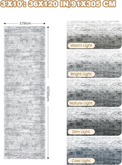 3x10 Runner Rug Non Slip Washable for Entryway, Vintage Hallway Runner for Front Porch, Laundry Room, Bedroom, Abstract Stain Resistant Thin Indoor Kitchen Mats for Floor(3'x10', Grey/Ivory)