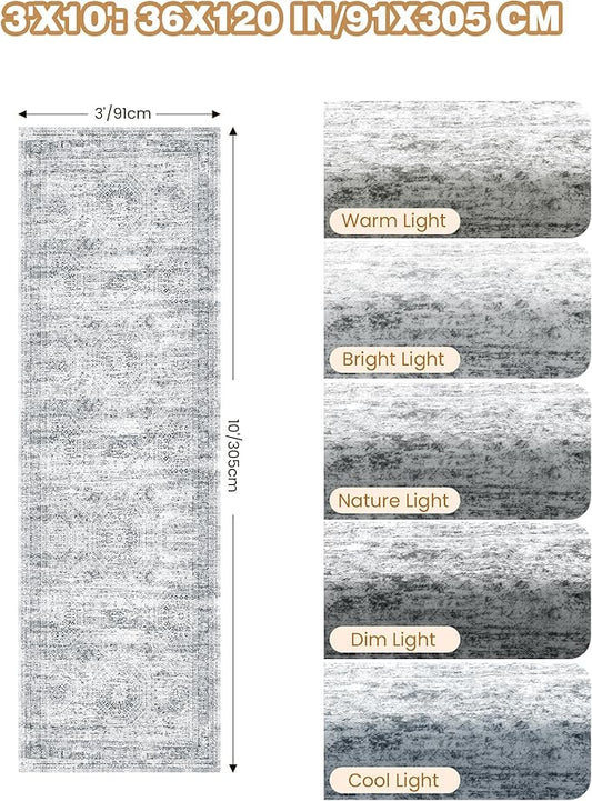3x10 Runner Rug Non Slip Washable for Entryway, Vintage Hallway Runner for Front Porch, Laundry Room, Bedroom, Abstract Stain Resistant Thin Indoor Kitchen Mats for Floor(3'x10', Grey/Ivory)