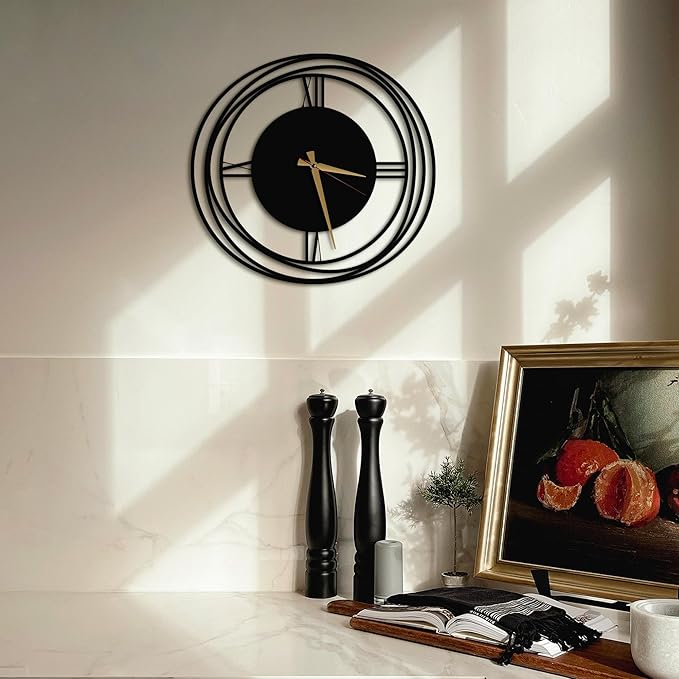 Circular Harmony Wall Clock – 24 Inch Large, Silent Non-Ticking Quartz, Black Metal Decorative Clock for Living Room, Dining Room, Office
