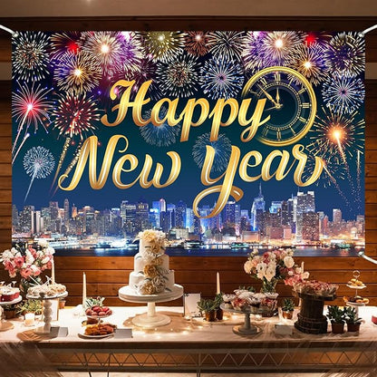 Gold Happy New Year Banner 2026 Colorful Fireworks Happy New Year Decorations Backdrop with Clock City Scene for 2026 Backdrop Family Gathering Party Supplies 5.9×3.6 Ft (Polyester)