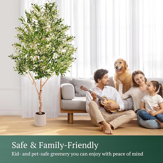 Large Olive Trees Artificial Indoor, Upgraded 7FT Faux Olive Tree with Natural Wood Trunk and Lifelike Fruits, White Tall Planter, Modern Artificial Plants for Home/Office Decor Gifts