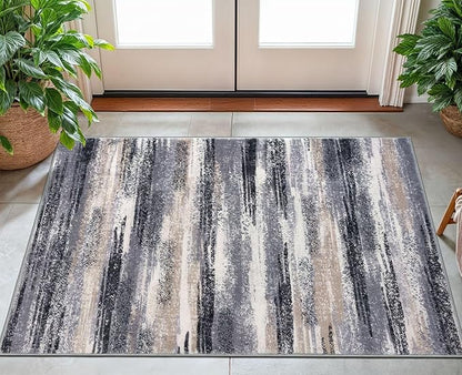 Modern Abstract Small Area Rug Indoor 3x5 Washable Rug Non-Slip Soft Entryway Rug Grey Black Multi Kitchen Mats Thin Print Faux Wool Floor Carpet Throw Rugs for Entrance Bedroom Home Decor