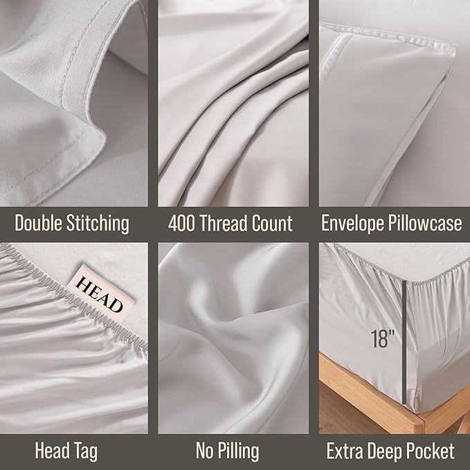 Bella Coterie Luxury Bamboo Viscose Full Size Sheet Set | 100% Organically Grown | Ultra Soft | Cooling for Hot Sleepers | 18" Deep Pocket [Grey Mist]
